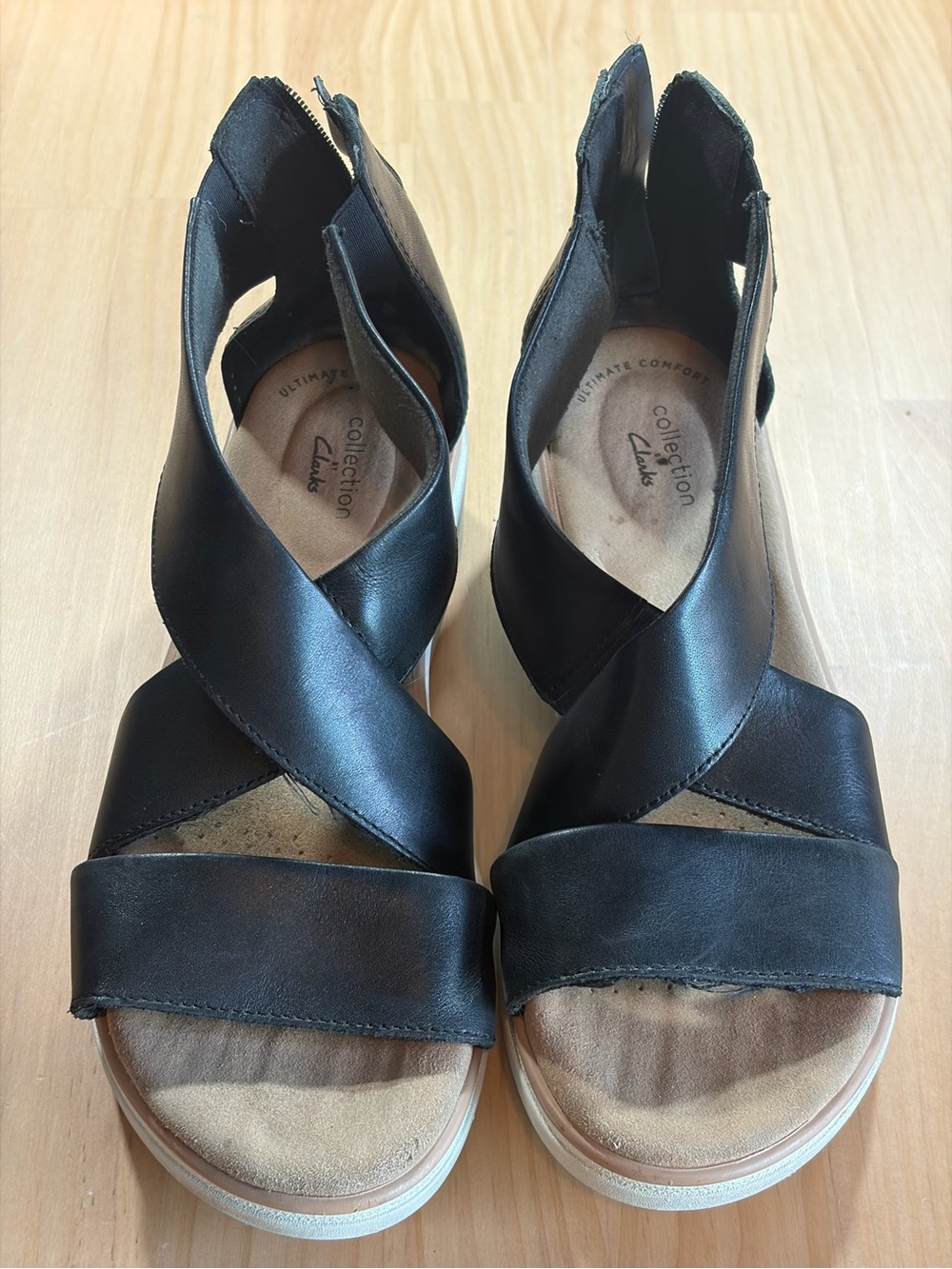 Clarks Black Leather Crisscross Wedge Sandals A5